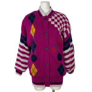 Vintage Sweater Jacket By Exotic L Multicolor Stripe Argyle Retro 80's Fall